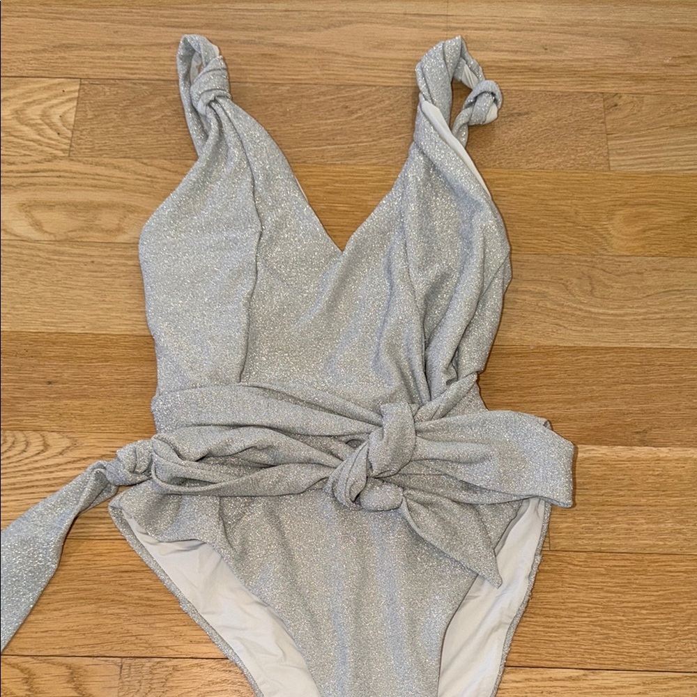 Sparkle Silver One-Piece Swimsuit with Waist Tie